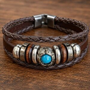 Ibiza Multi-Strand Brown Vegan Leather Cuff Bracelet Turquoise Accent